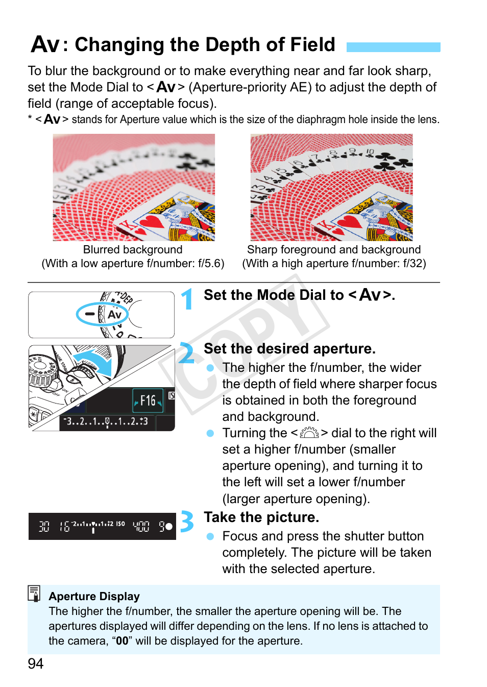 Changing the depth of field, P.94, Aperture-priority ae (p.94) | Aperture (p.94), Cop y | Canon EOS Rebel T3 18-55mm IS II Lens Kit User Manual | Page 94 / 292