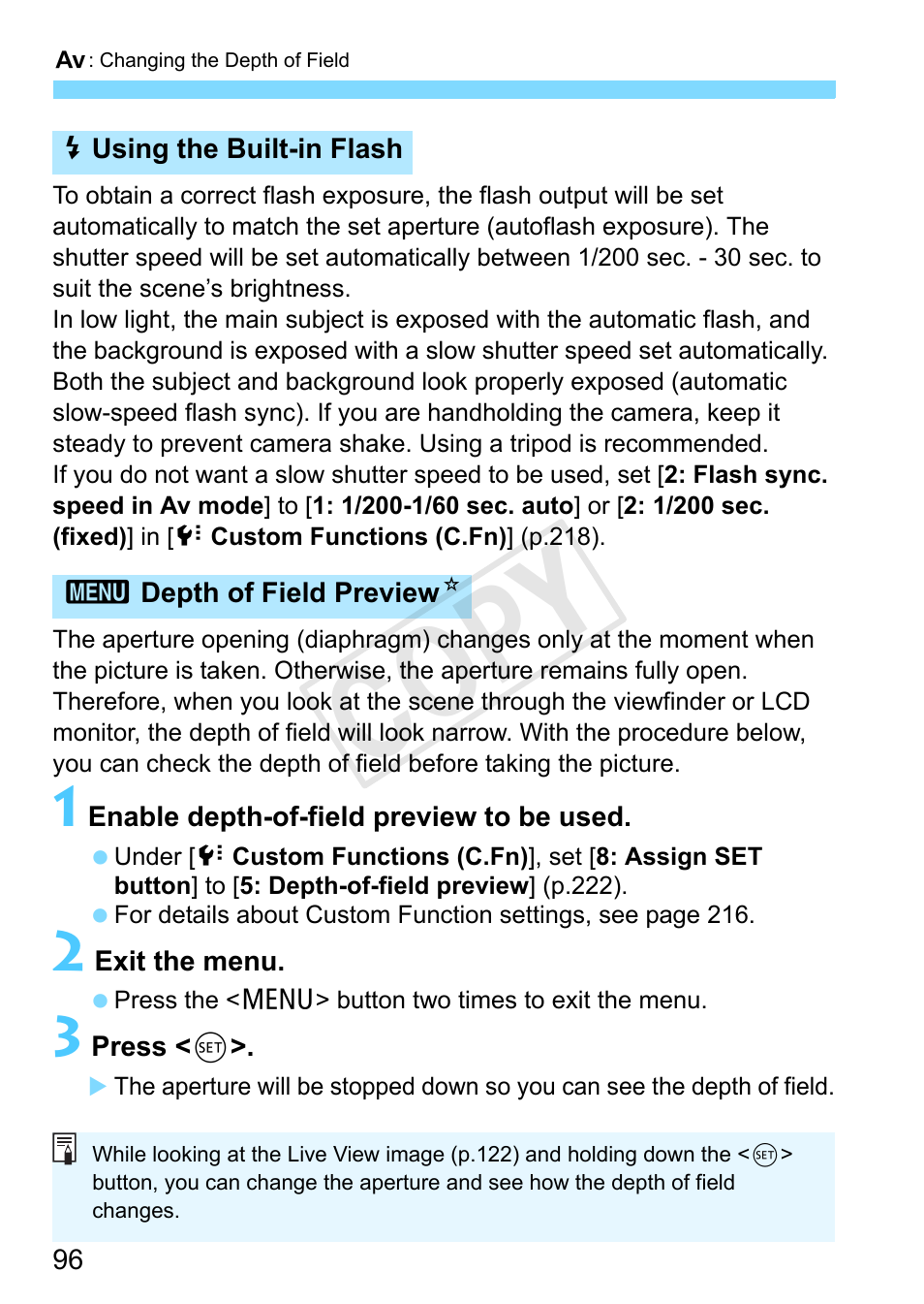 Depth of field preview, Cop y | Canon EOS Rebel T3 18-55mm IS II Lens Kit User Manual | Page 96 / 292