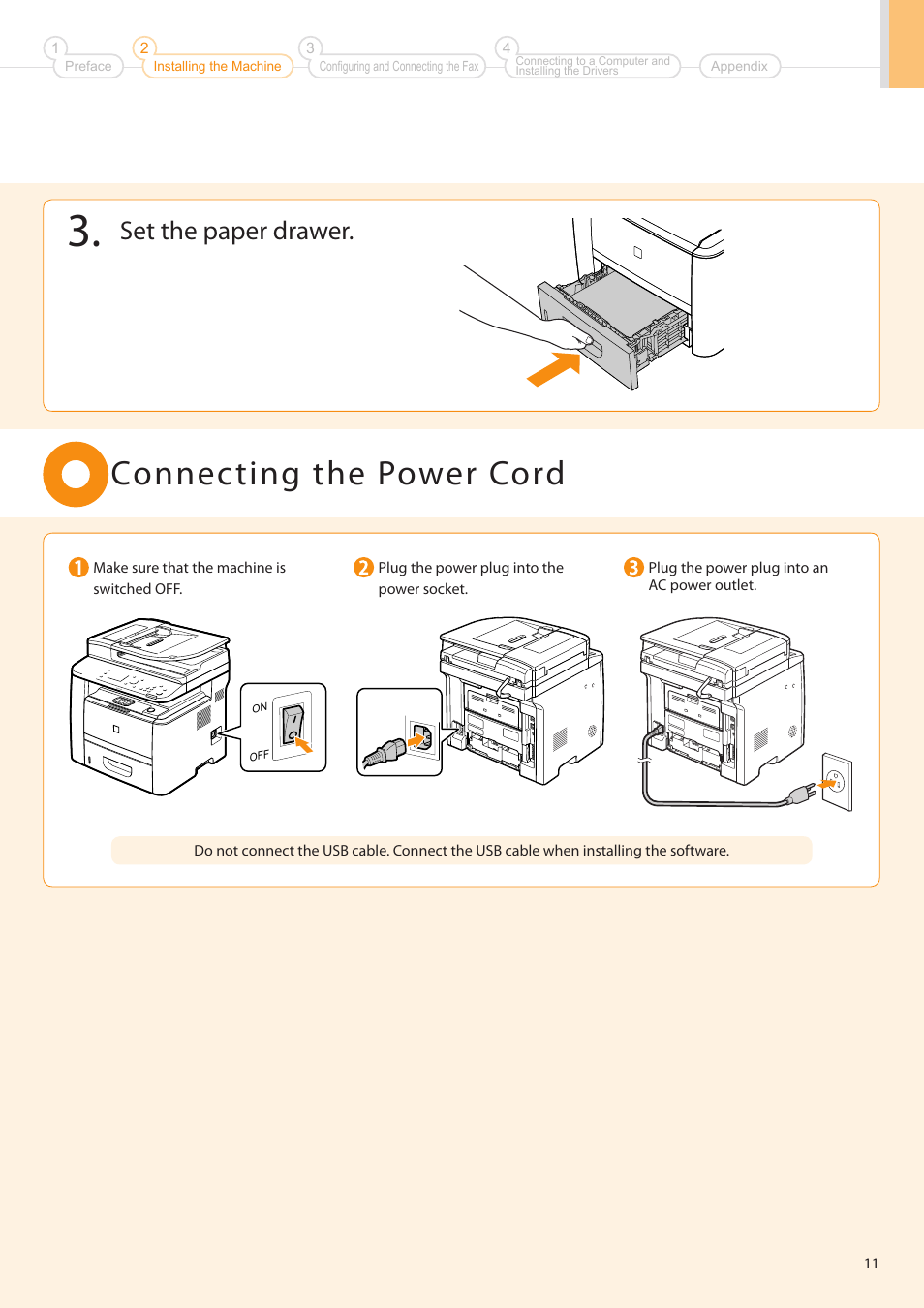 Connecting the power cord, Set the paper drawer | Canon imageCLASS D1350 User Manual | Page 11 / 36