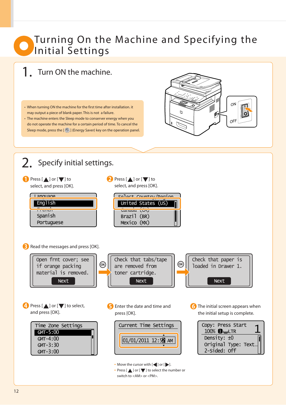 Turn on the machine, Specify initial settings | Canon imageCLASS D1350 User Manual | Page 12 / 36