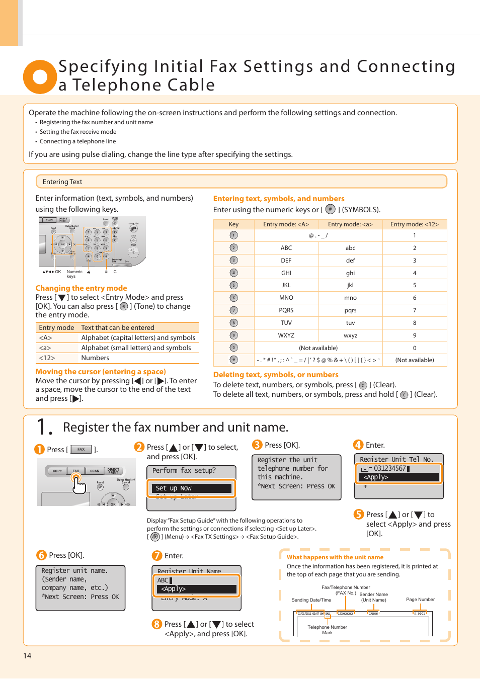 Register the fax number and unit name | Canon imageCLASS D1350 User Manual | Page 14 / 36