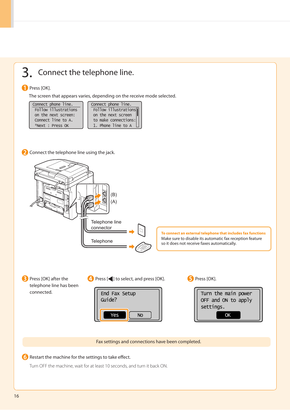 Connect the telephone line | Canon imageCLASS D1350 User Manual | Page 16 / 36