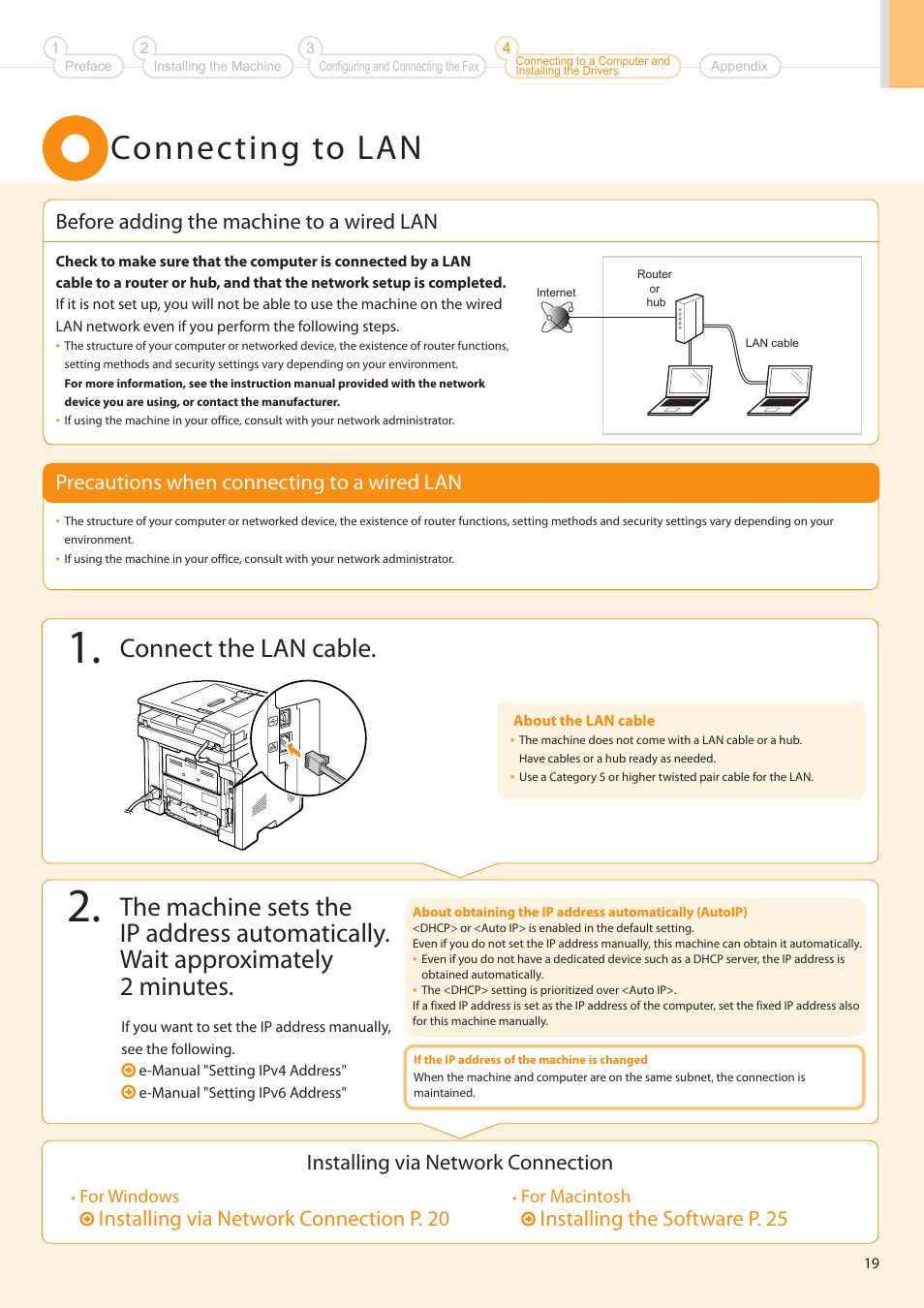 Connecting to lan, Connect the lan cable, Precautions when connecting to a wired lan | Installing via network connection, Installing via network connection p . 20, Installing the software p . 25 | Canon imageCLASS D1350 User Manual | Page 19 / 36