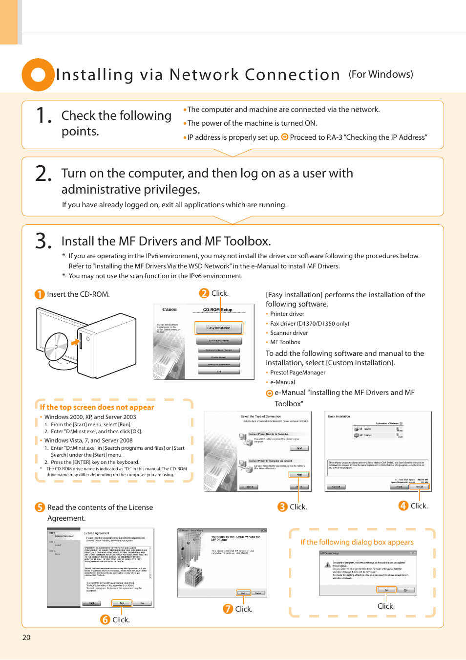 Installing via network connection, Install the mf drivers and mf toolbox, Check the following points | For windows) | Canon imageCLASS D1350 User Manual | Page 20 / 36