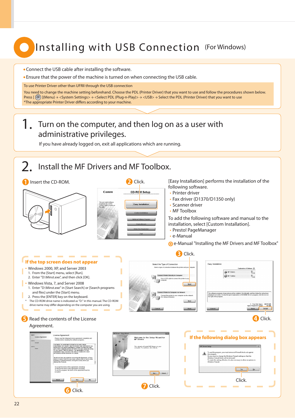 Installing with usb connection, Install the mf drivers and mf toolbox, For windows) | Canon imageCLASS D1350 User Manual | Page 22 / 36