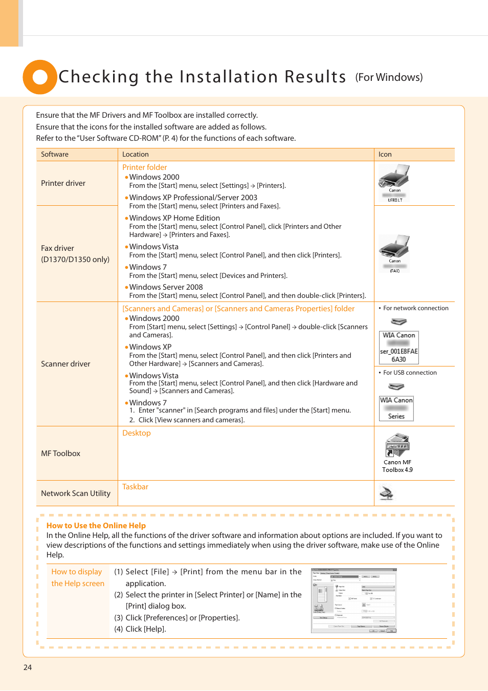 Checking the installation results, For windows) | Canon imageCLASS D1350 User Manual | Page 24 / 36