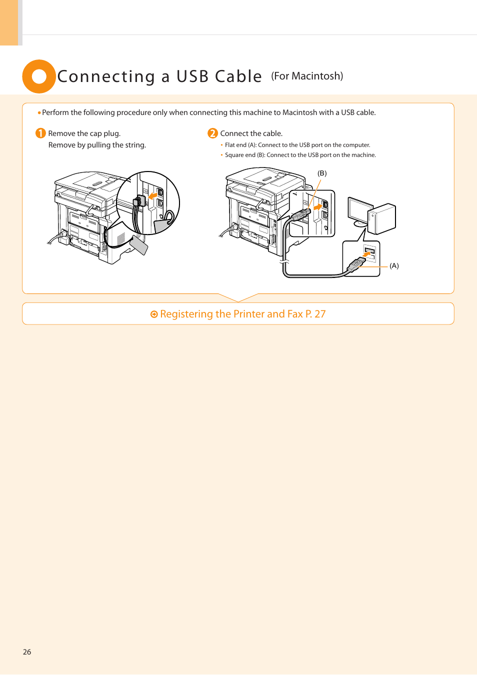 Connecting a usb cable, Registering the printer and fax p . 27, For macintosh) | Canon imageCLASS D1350 User Manual | Page 26 / 36