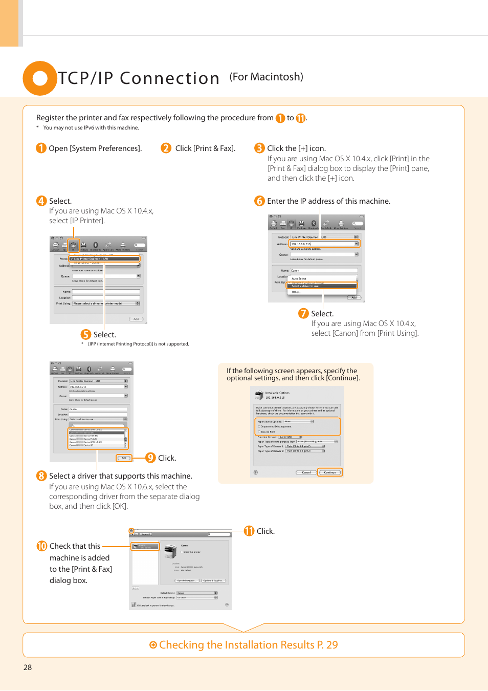 Tcp/ip connection, Checking the installation results p . 29, For macintosh) | Canon imageCLASS D1350 User Manual | Page 28 / 36