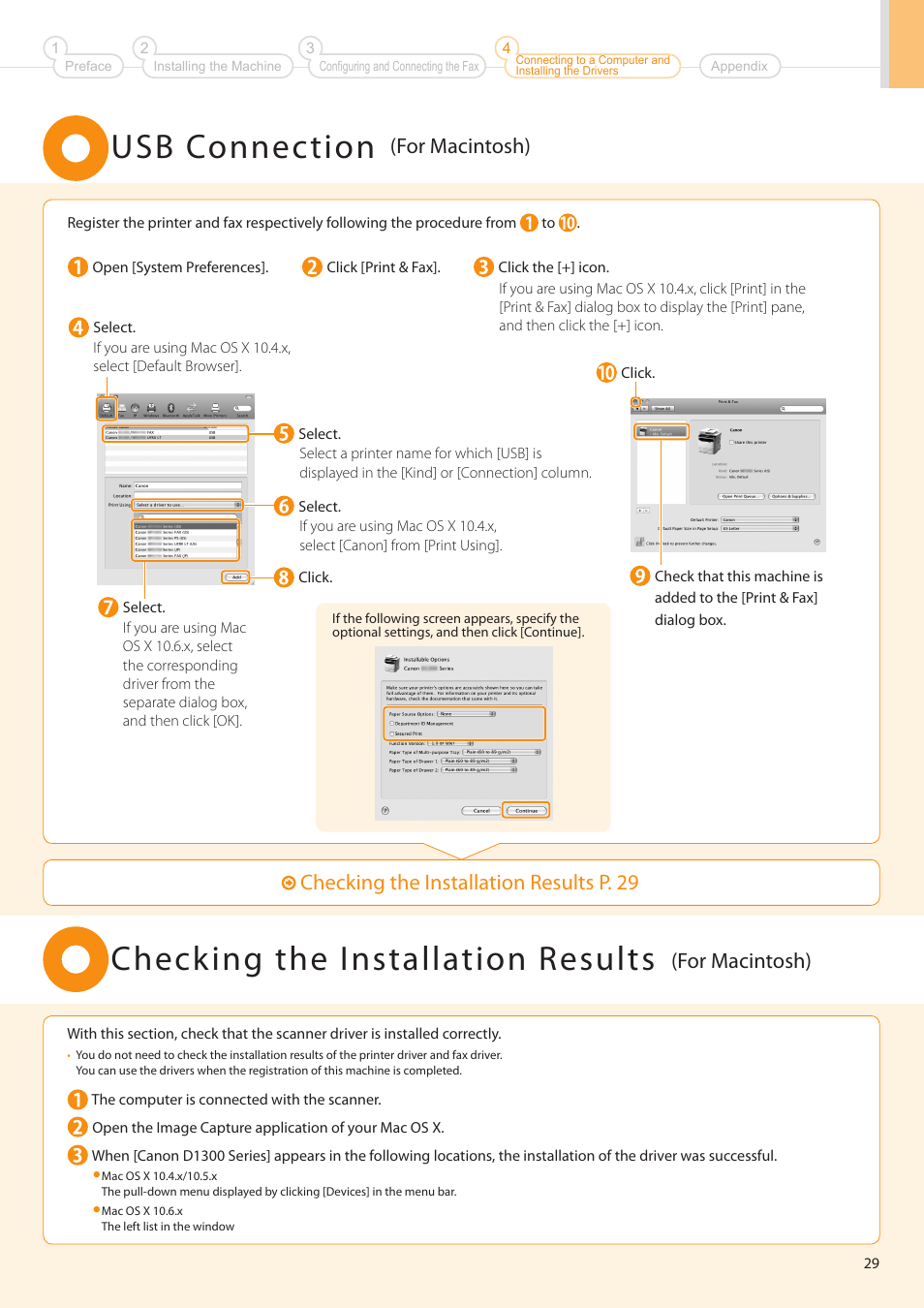 Usb connection, Checking the installation results, Checking the installation results p . 29 | For macintosh) | Canon imageCLASS D1350 User Manual | Page 29 / 36