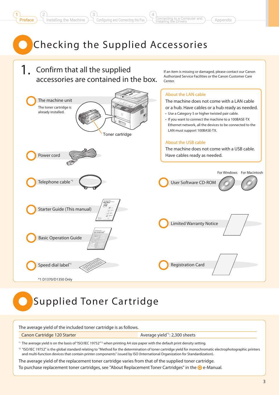 Checking the supplied accessories, Supplied toner cartridge | Canon imageCLASS D1350 User Manual | Page 3 / 36