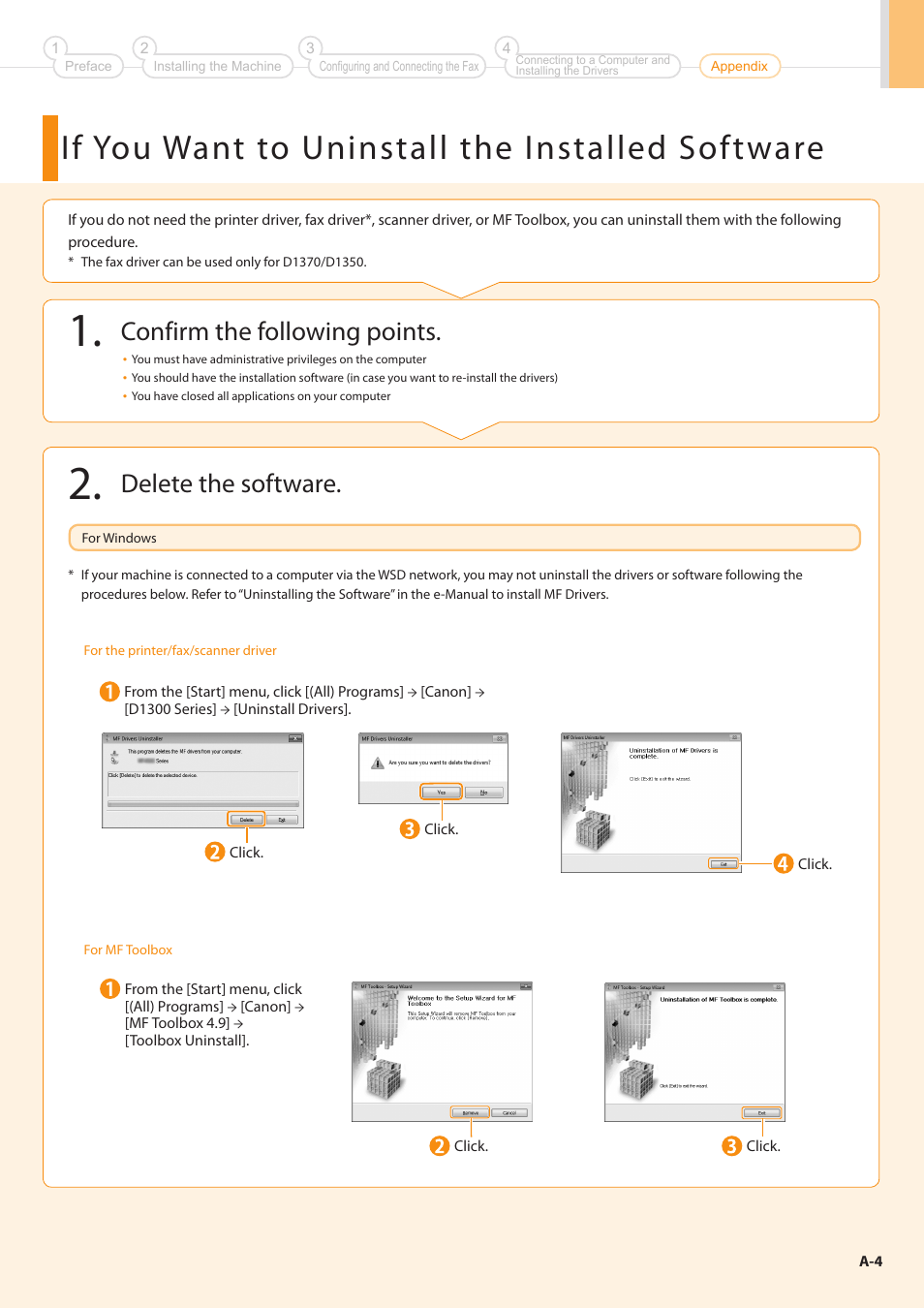 If you want to uninstall the installed software, Confirm the following points, Delete the software | Canon imageCLASS D1350 User Manual | Page 33 / 36