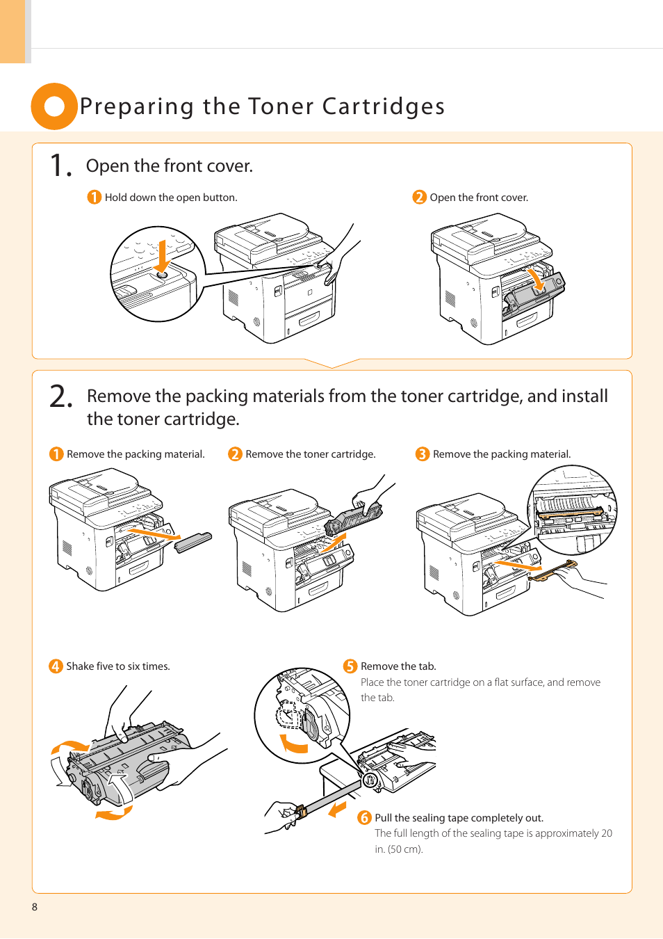 Preparing the toner cartridges | Canon imageCLASS D1350 User Manual | Page 8 / 36