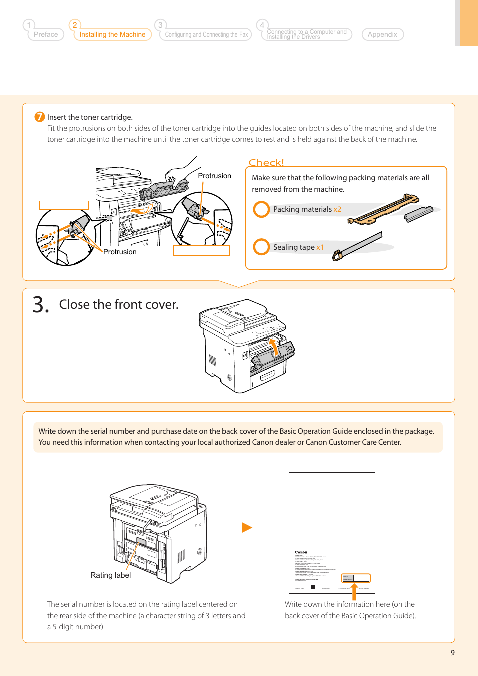 Close the front cover, Check, Packing materials x2 sealing tape x1 | Rating label | Canon imageCLASS D1350 User Manual | Page 9 / 36