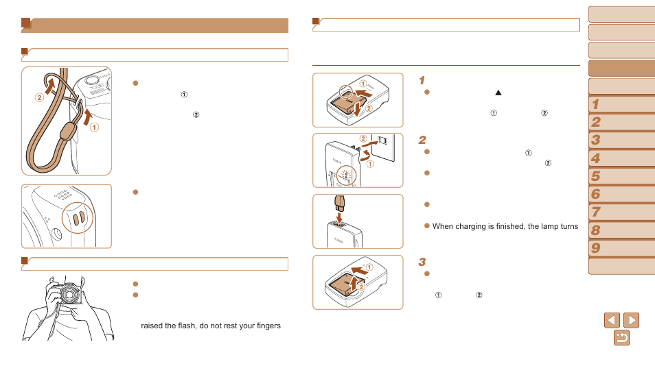 Initial preparations, Attaching the strap, Holding the camera | Charging the battery pack | Canon PowerShot SX170 IS User Manual | Page 12 / 135