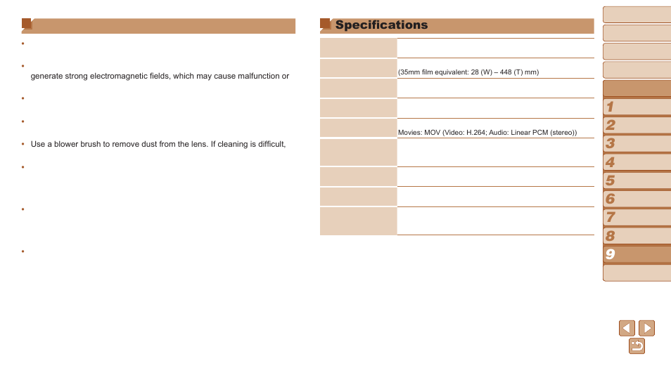 Handling precautions, Specifications | Canon PowerShot SX170 IS User Manual | Page 128 / 135