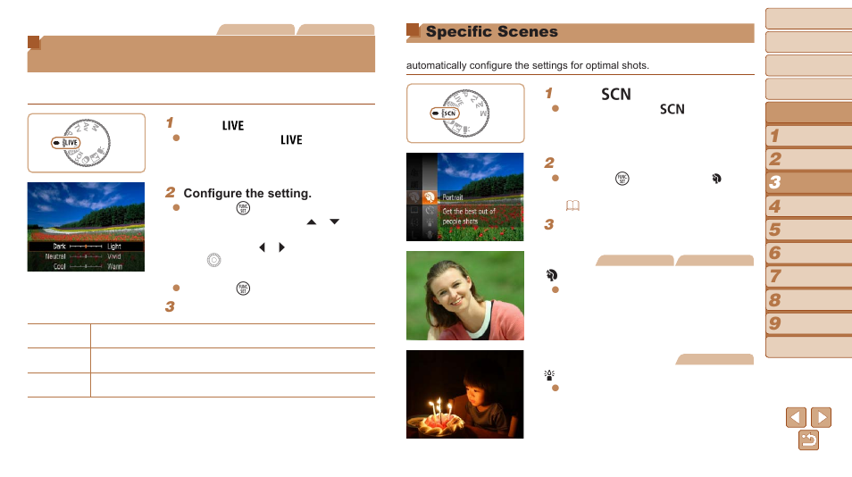 Specific scenes, Brightness / color customization, Live view control) | Canon PowerShot SX170 IS User Manual | Page 43 / 135