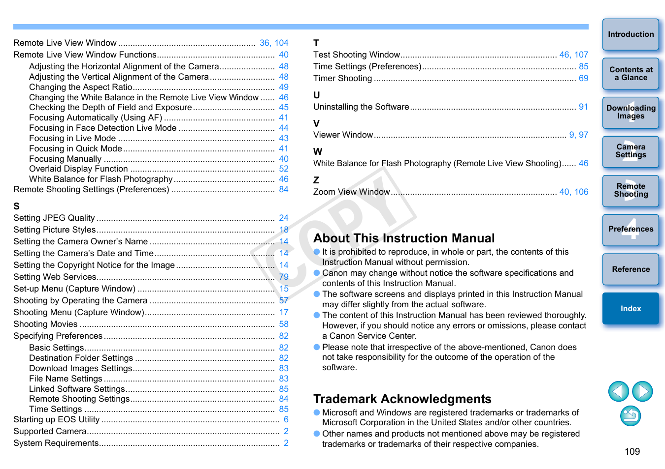 About this instruction manual, Trademark acknowledgments, Cop y | Canon EOS Rebel SL1 18-55mm IS STM Lens Kit User Manual | Page 110 / 110