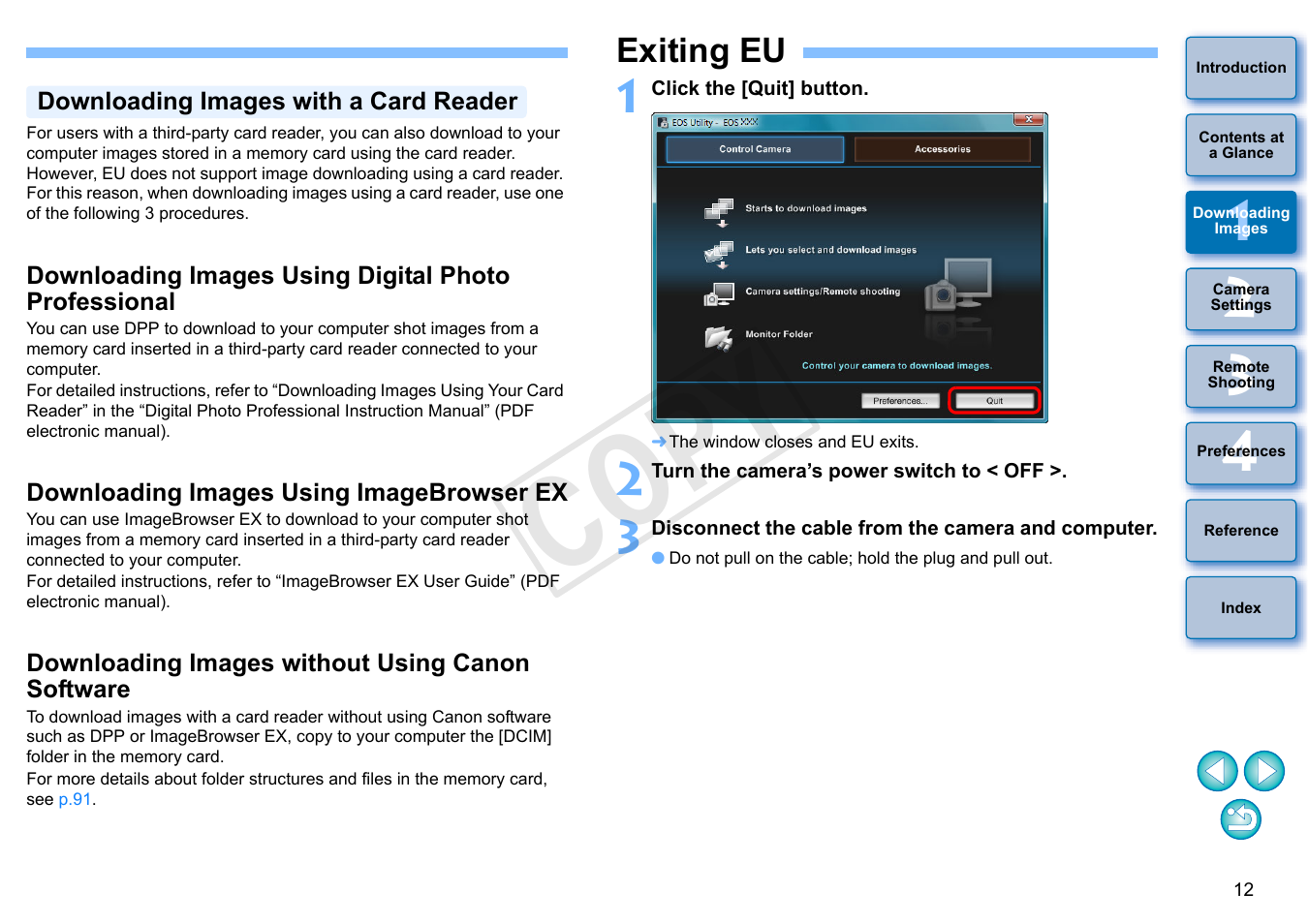 Exiting eu, P.12, Downloading images with a card reader | Downloading images using imagebrowser ex, Downloading images without using canon software, P.12), Cop y | Canon EOS Rebel SL1 18-55mm IS STM Lens Kit User Manual | Page 13 / 110