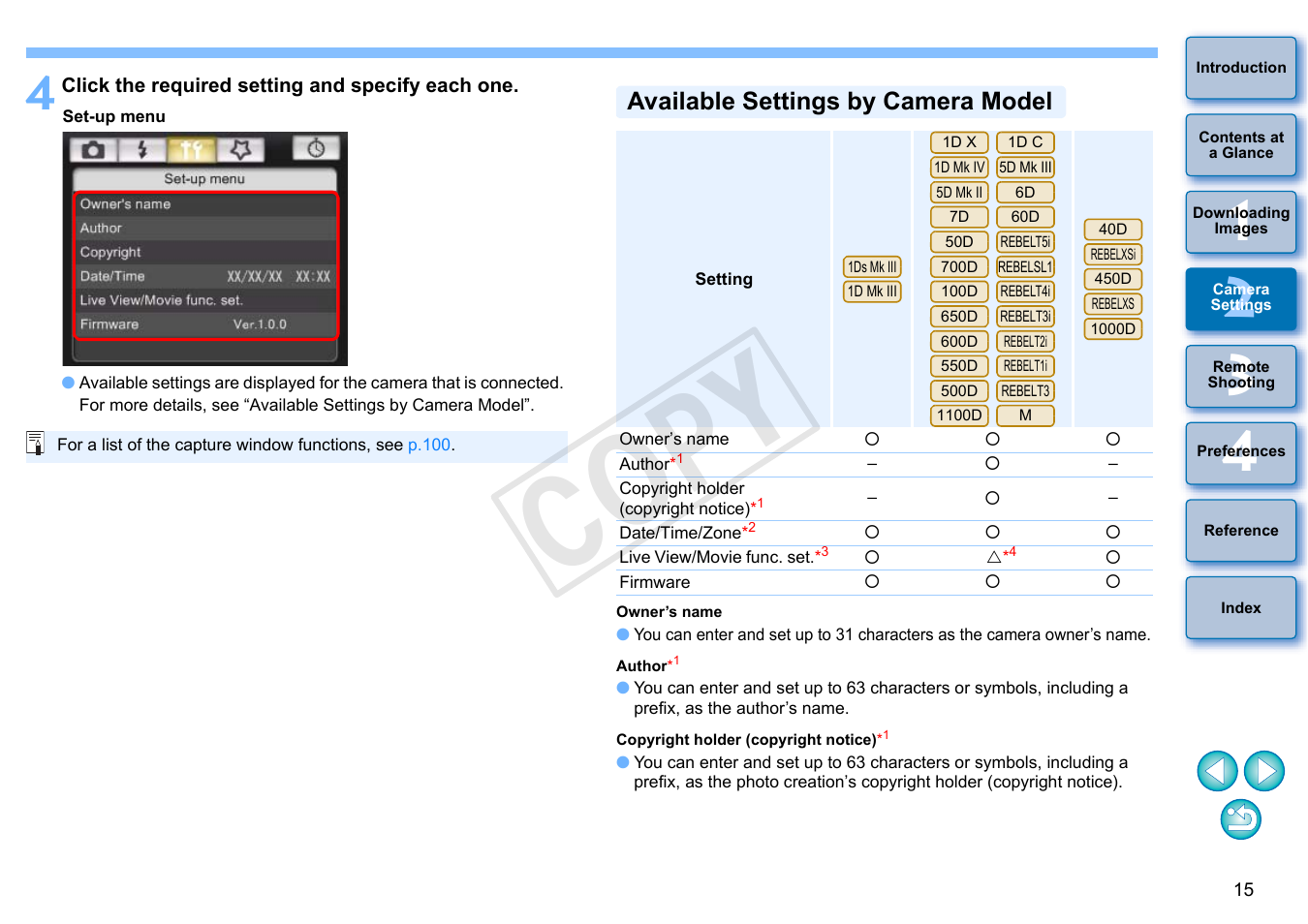 Available settings by camera model, Cop y | Canon EOS Rebel SL1 18-55mm IS STM Lens Kit User Manual | Page 16 / 110
