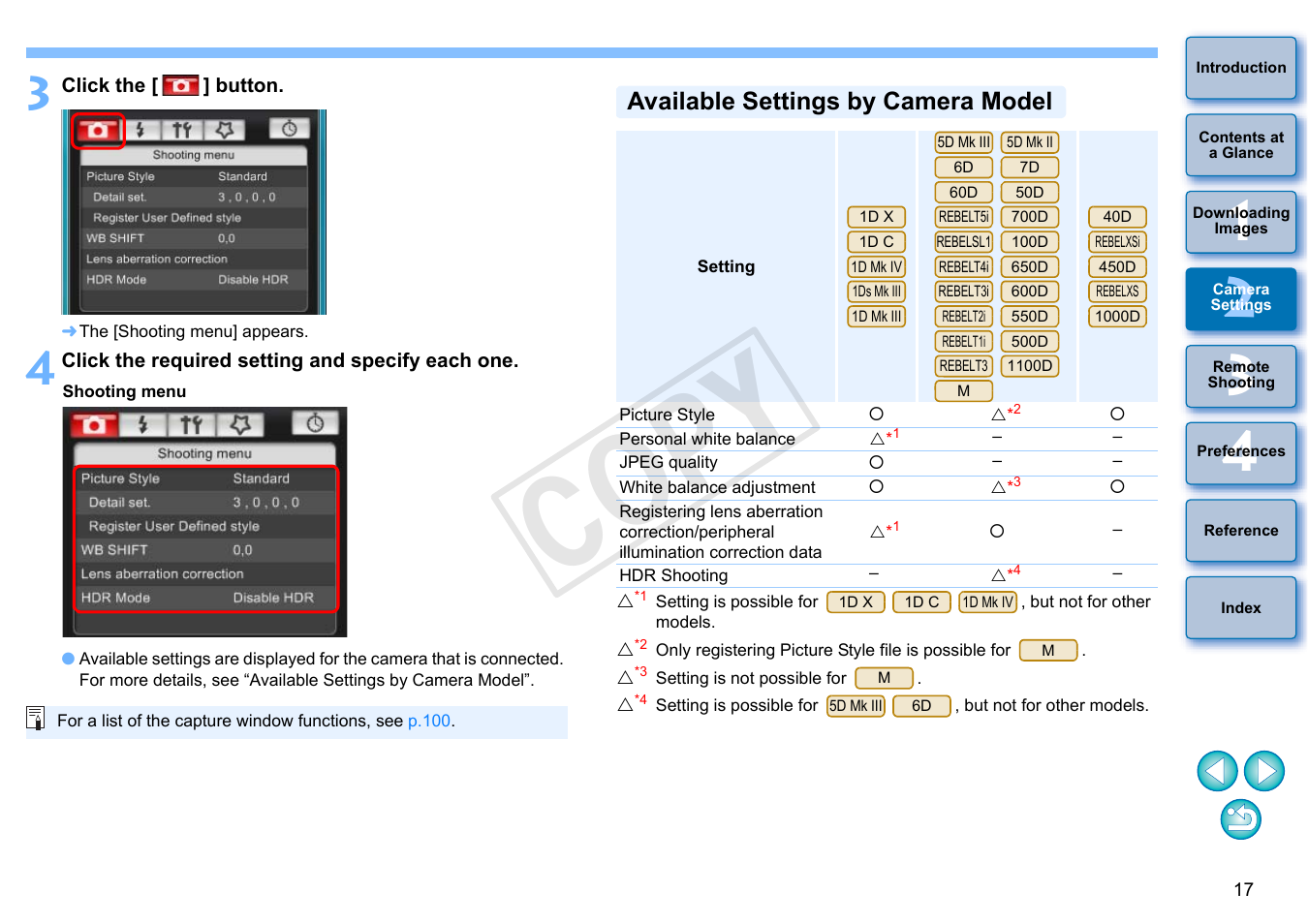 Available settings by camera model, Cop y | Canon EOS Rebel SL1 18-55mm IS STM Lens Kit User Manual | Page 18 / 110