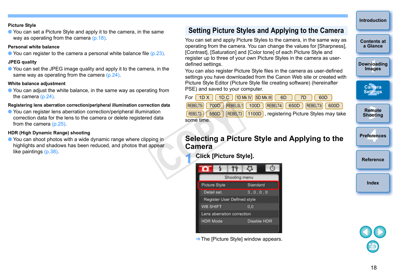 P.18, Setting picture styles and applying to the camera, Cop y | Canon EOS Rebel SL1 18-55mm IS STM Lens Kit User Manual | Page 19 / 110