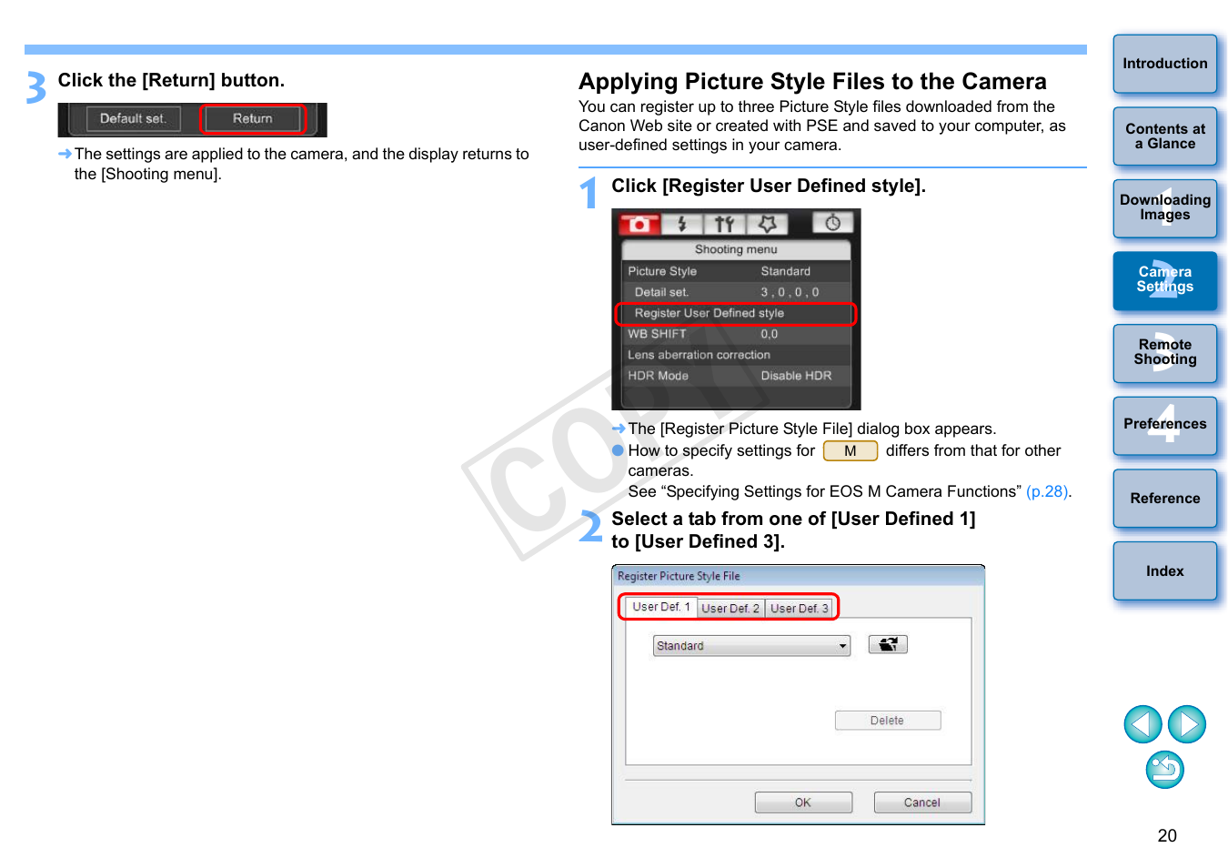 P.20, Applying picture style files to the camera, Cop y | Canon EOS Rebel SL1 18-55mm IS STM Lens Kit User Manual | Page 21 / 110