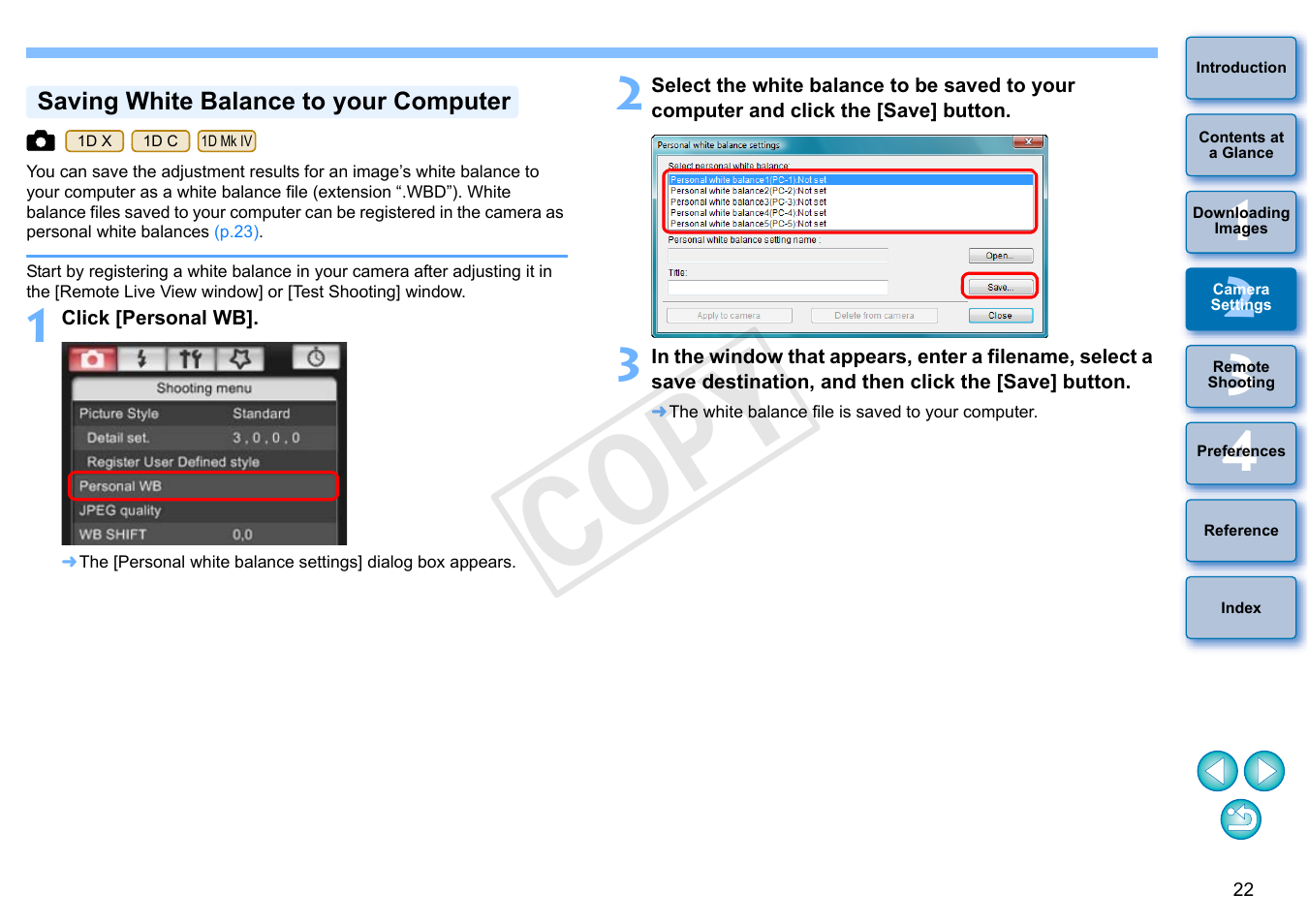 Saving white balance to your computer, Cop y | Canon EOS Rebel SL1 18-55mm IS STM Lens Kit User Manual | Page 23 / 110