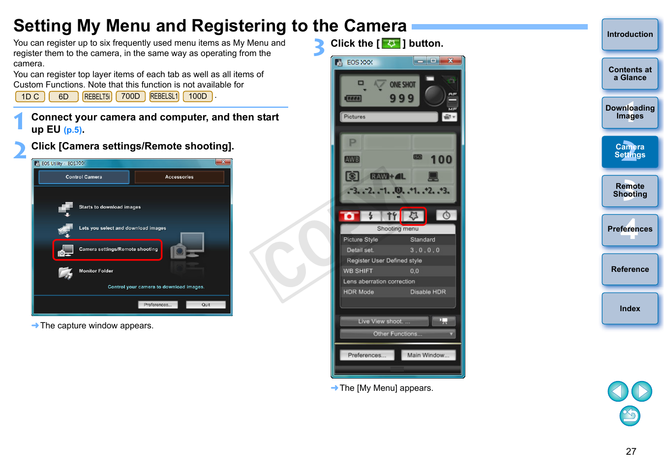 Setting my menu and registering to the camera, P.27, Cop y | Canon EOS Rebel SL1 18-55mm IS STM Lens Kit User Manual | Page 28 / 110