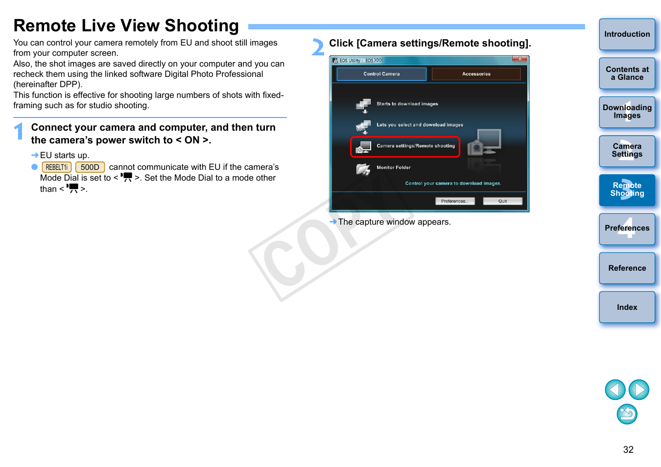 Remote live view shooting, P.32, P.32, p.58) | Cop y | Canon EOS Rebel SL1 18-55mm IS STM Lens Kit User Manual | Page 33 / 110