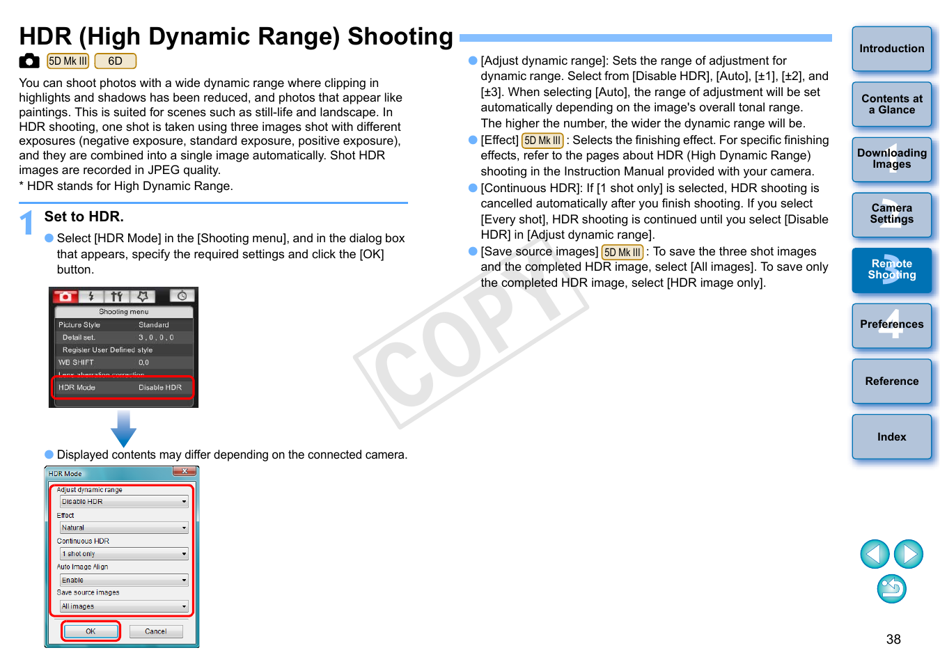 Hdr (high dynamic range) shooting, P.38), Cop y | Canon EOS Rebel SL1 18-55mm IS STM Lens Kit User Manual | Page 39 / 110