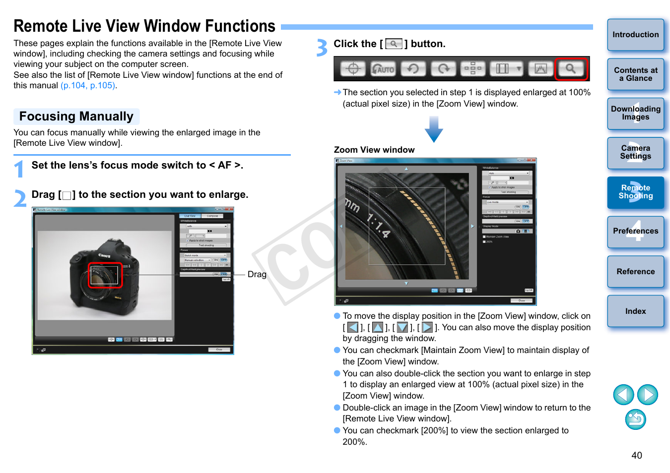 Remote live view window functions, Focusing manually, Cop y | Canon EOS Rebel SL1 18-55mm IS STM Lens Kit User Manual | Page 41 / 110