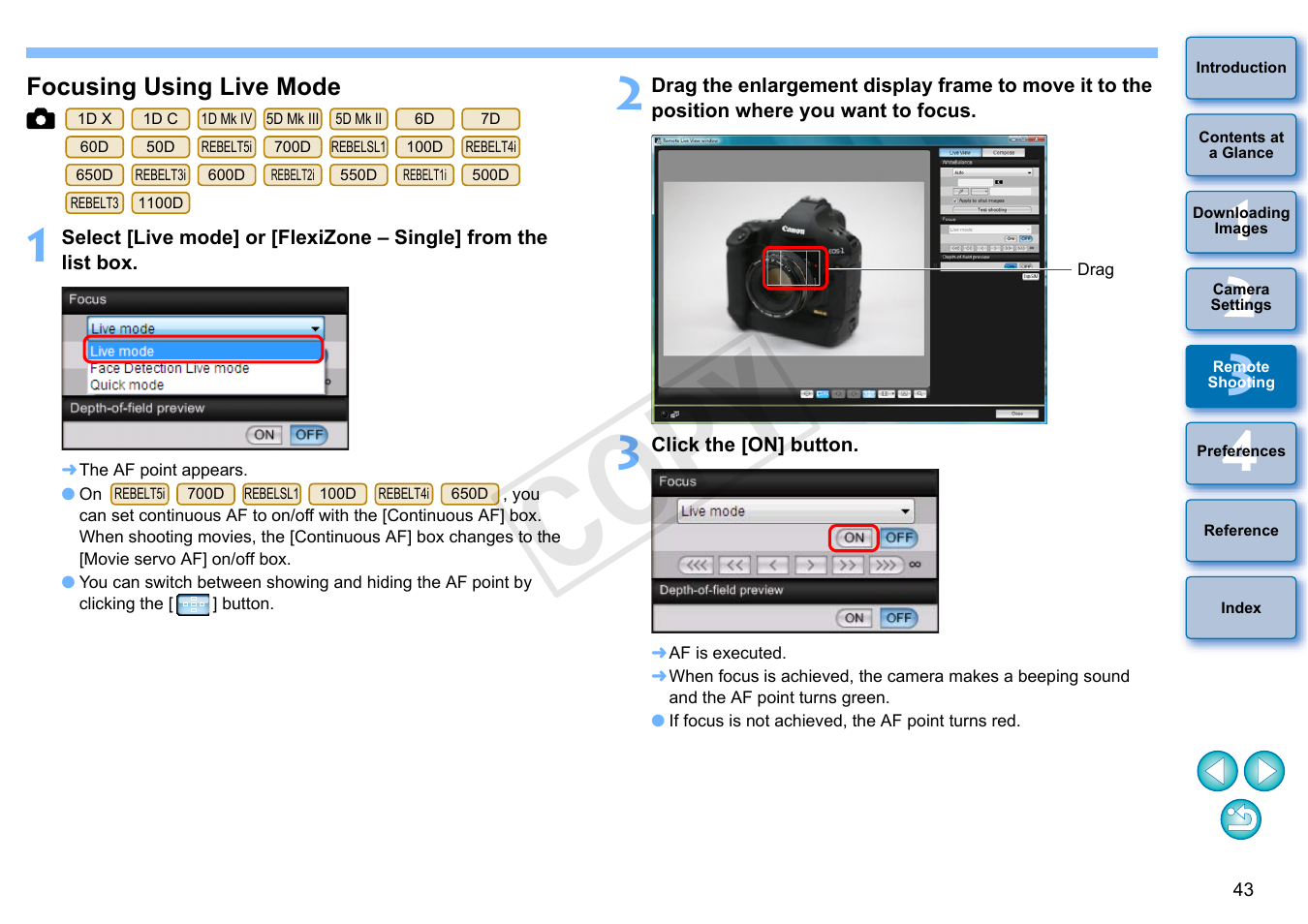 Focusing using live mode, Cop y | Canon EOS Rebel SL1 18-55mm IS STM Lens Kit User Manual | Page 44 / 110