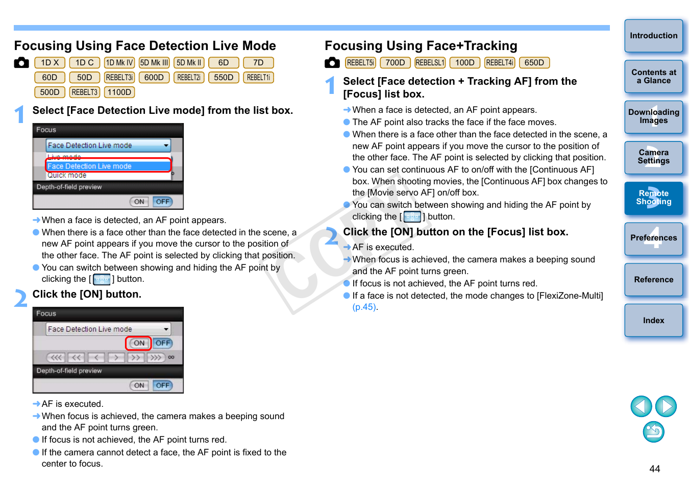 Focusing using face detection live mode, Focusing using face+tracking, Cop y | Canon EOS Rebel SL1 18-55mm IS STM Lens Kit User Manual | Page 45 / 110