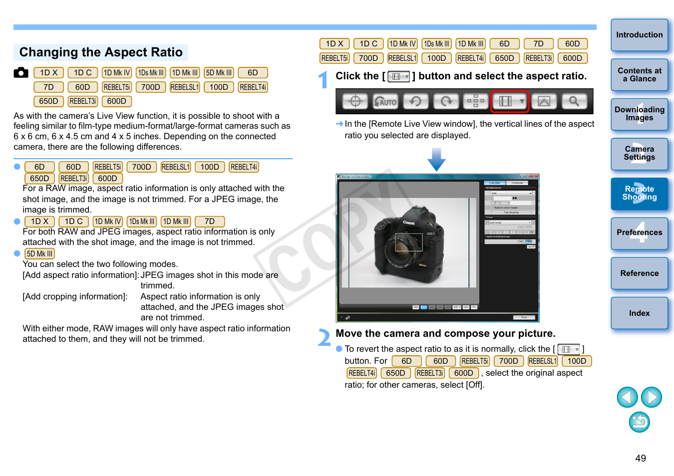P.49, Changing the aspect ratio, Cop y | Canon EOS Rebel SL1 18-55mm IS STM Lens Kit User Manual | Page 50 / 110