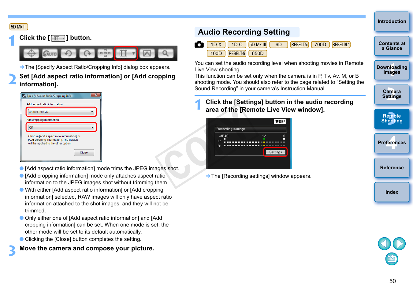 Audio recording setting, Cop y | Canon EOS Rebel SL1 18-55mm IS STM Lens Kit User Manual | Page 51 / 110