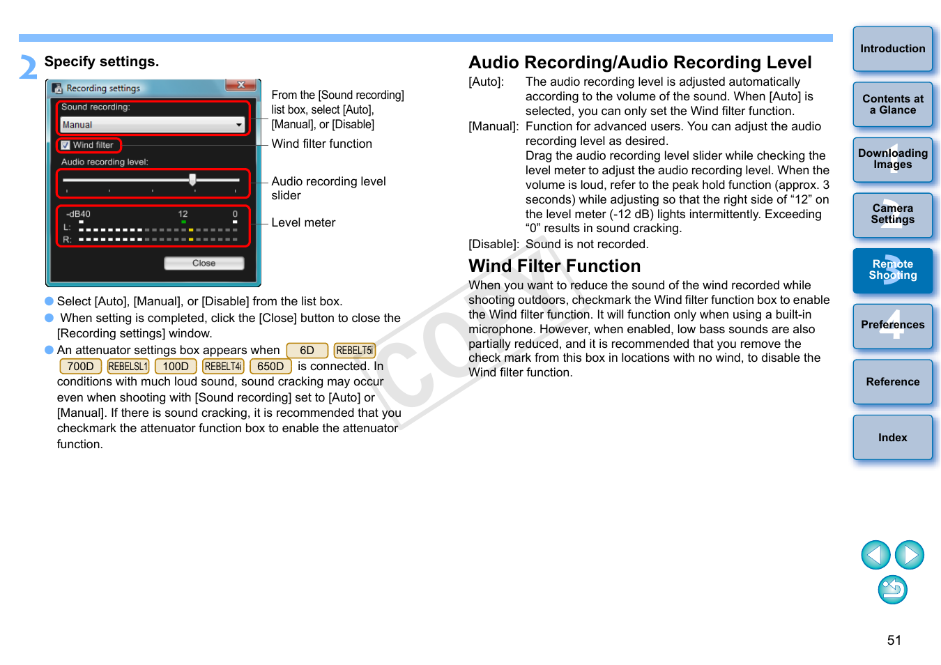 Audio recording/audio recording level, Wind filter function, Cop y | Canon EOS Rebel SL1 18-55mm IS STM Lens Kit User Manual | Page 52 / 110