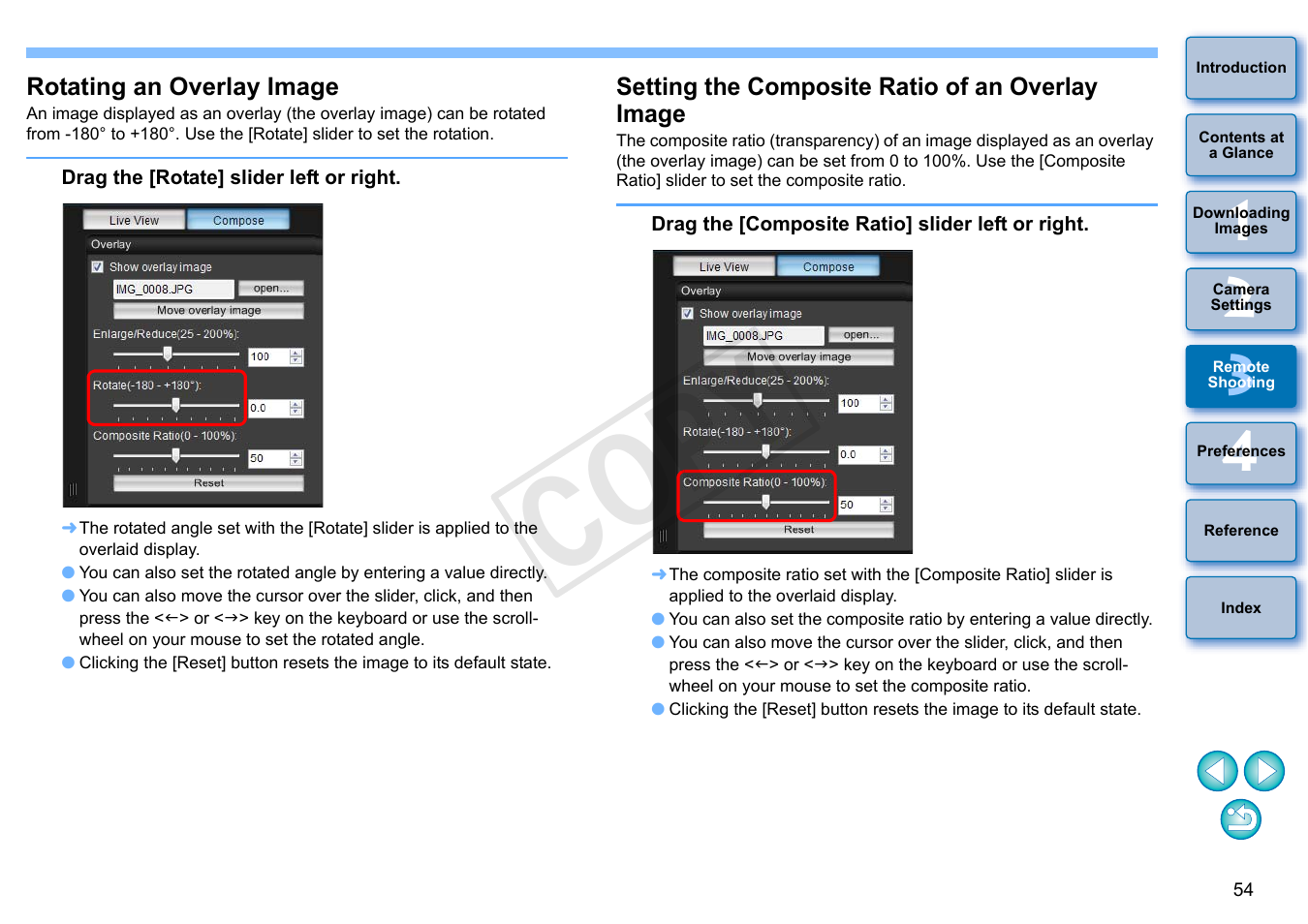 Rotating an overlay image, Setting the composite ratio of an overlay image, P.54) | Cop y | Canon EOS Rebel SL1 18-55mm IS STM Lens Kit User Manual | Page 55 / 110