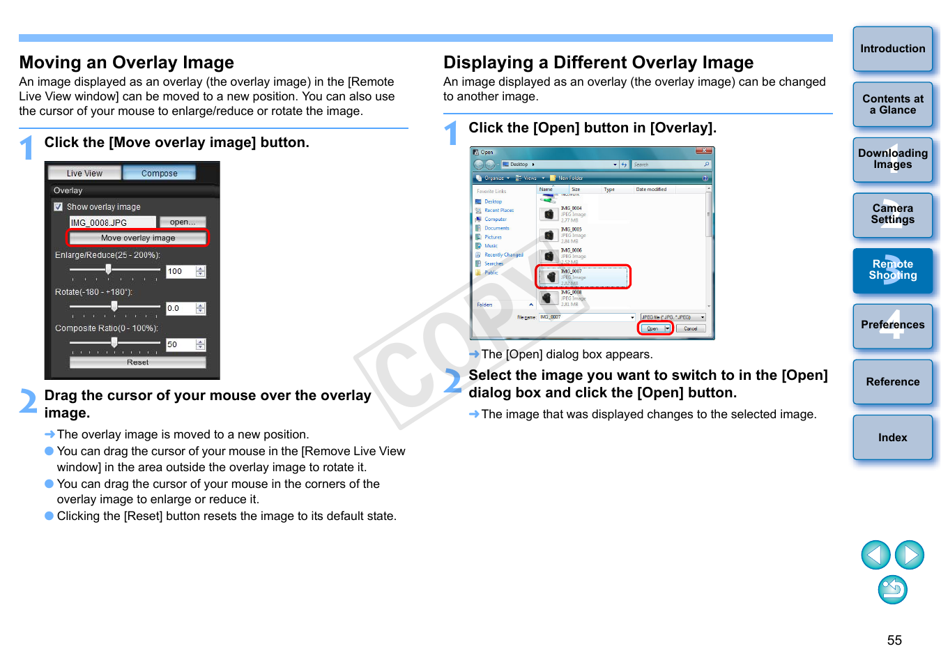 Moving an overlay image, Displaying a different overlay image, Cop y | Canon EOS Rebel SL1 18-55mm IS STM Lens Kit User Manual | Page 56 / 110