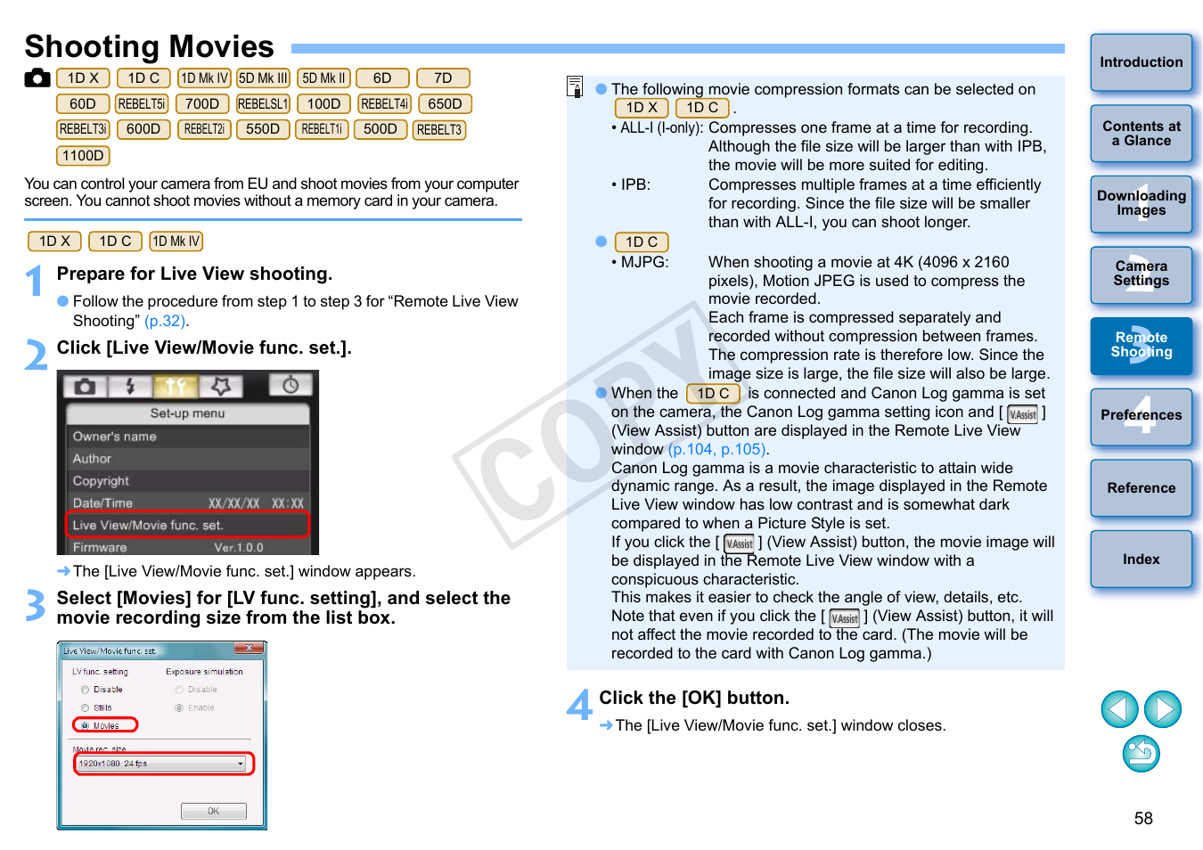 Shooting movies, P.58, C op y | Canon EOS Rebel SL1 18-55mm IS STM Lens Kit User Manual | Page 59 / 110
