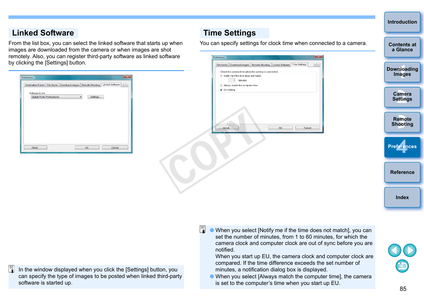 P.85), Linked software, Time settings | Cop y | Canon EOS Rebel SL1 18-55mm IS STM Lens Kit User Manual | Page 86 / 110