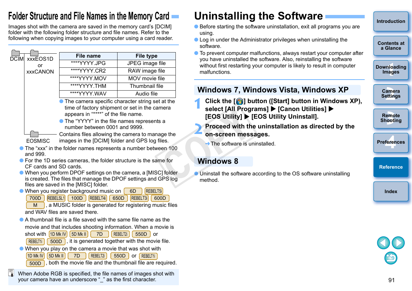 Folder structure and file names in the memory card, Uninstalling the software, P.91 | Cop y | Canon EOS Rebel SL1 18-55mm IS STM Lens Kit User Manual | Page 92 / 110