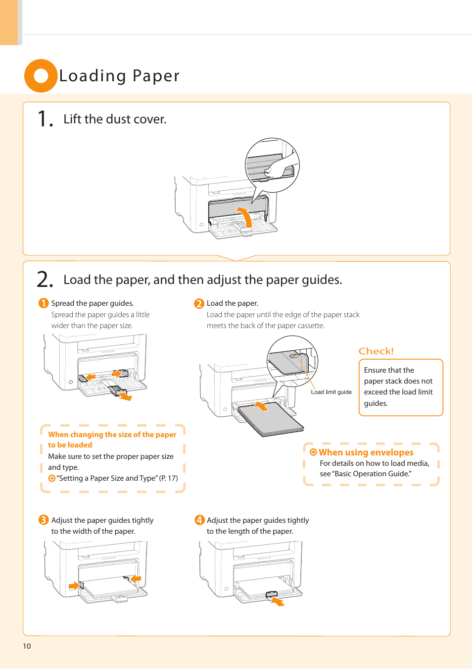 Loading paper, Load the paper, and then adjust the paper guides, Lift the dust cover | Canon FAXPHONE L100 User Manual | Page 10 / 28