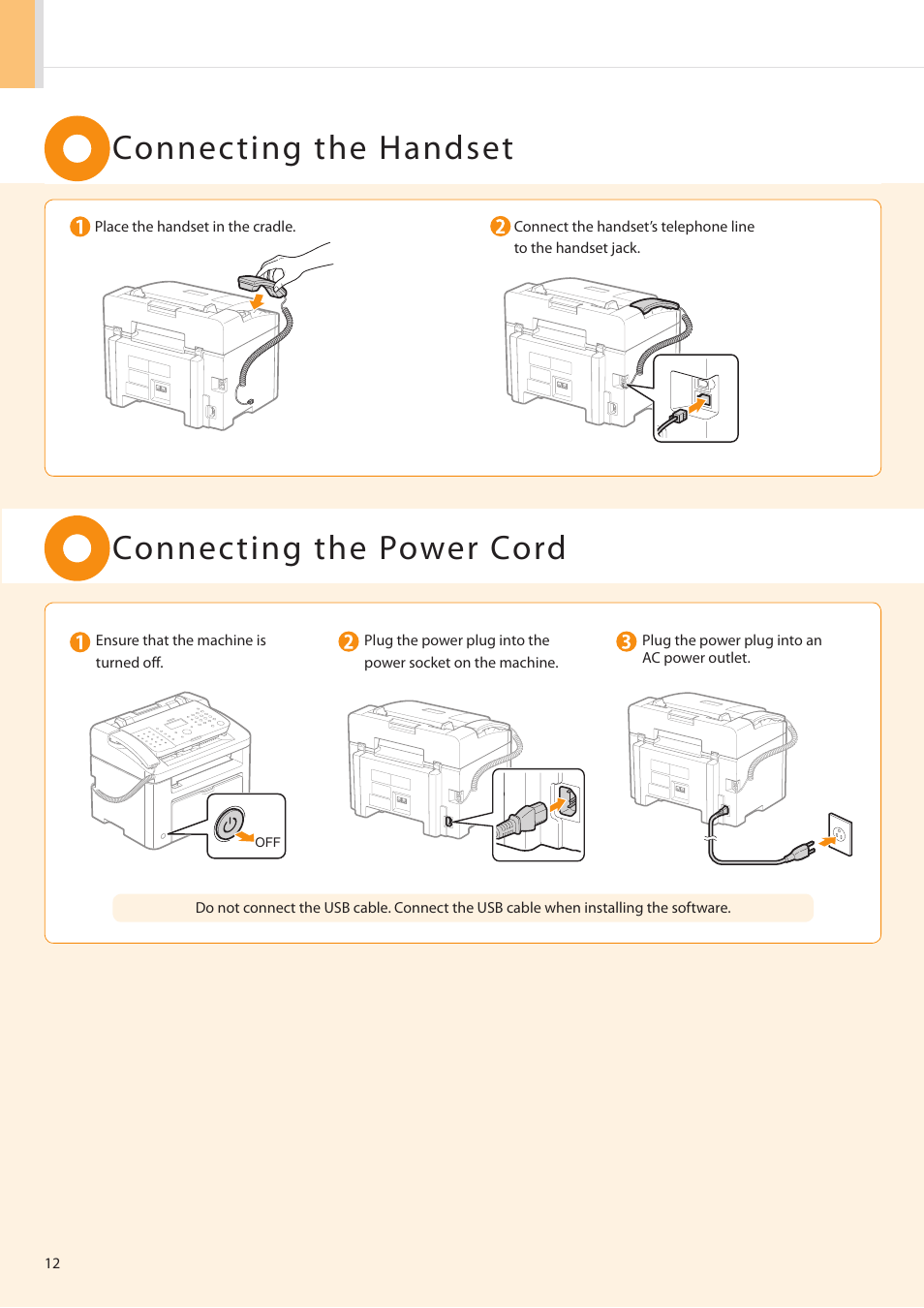 Connecting the handset connecting the power cord | Canon FAXPHONE L100 User Manual | Page 12 / 28