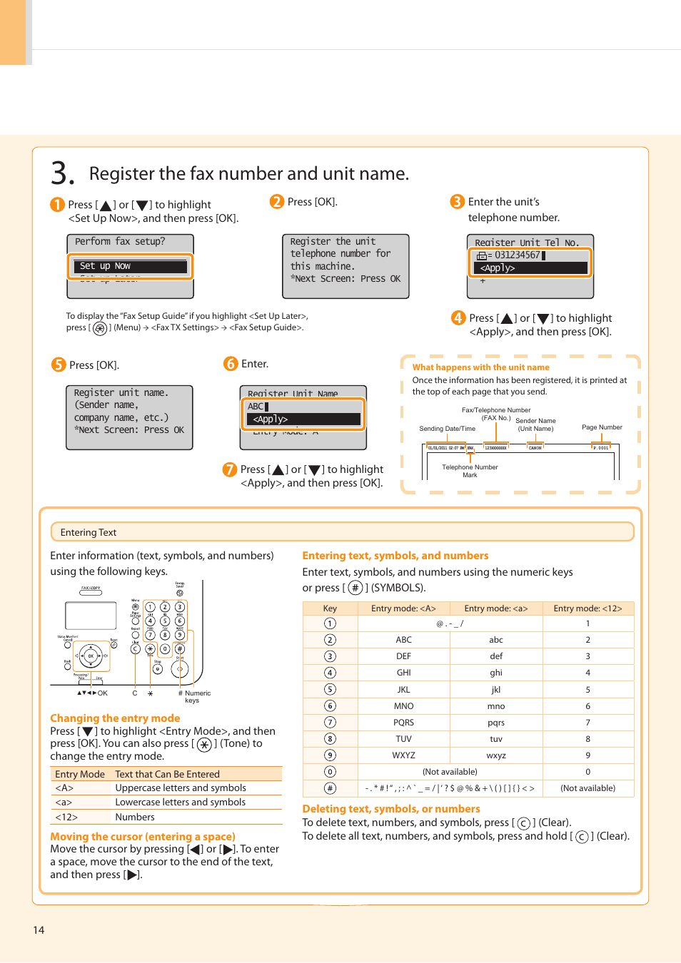 Register the fax number and unit name | Canon FAXPHONE L100 User Manual | Page 14 / 28