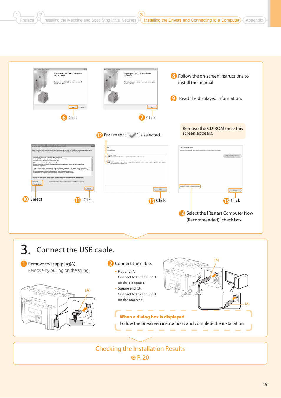 Connect the usb cable, Checking the installation results p . 20 | Canon FAXPHONE L100 User Manual | Page 19 / 28