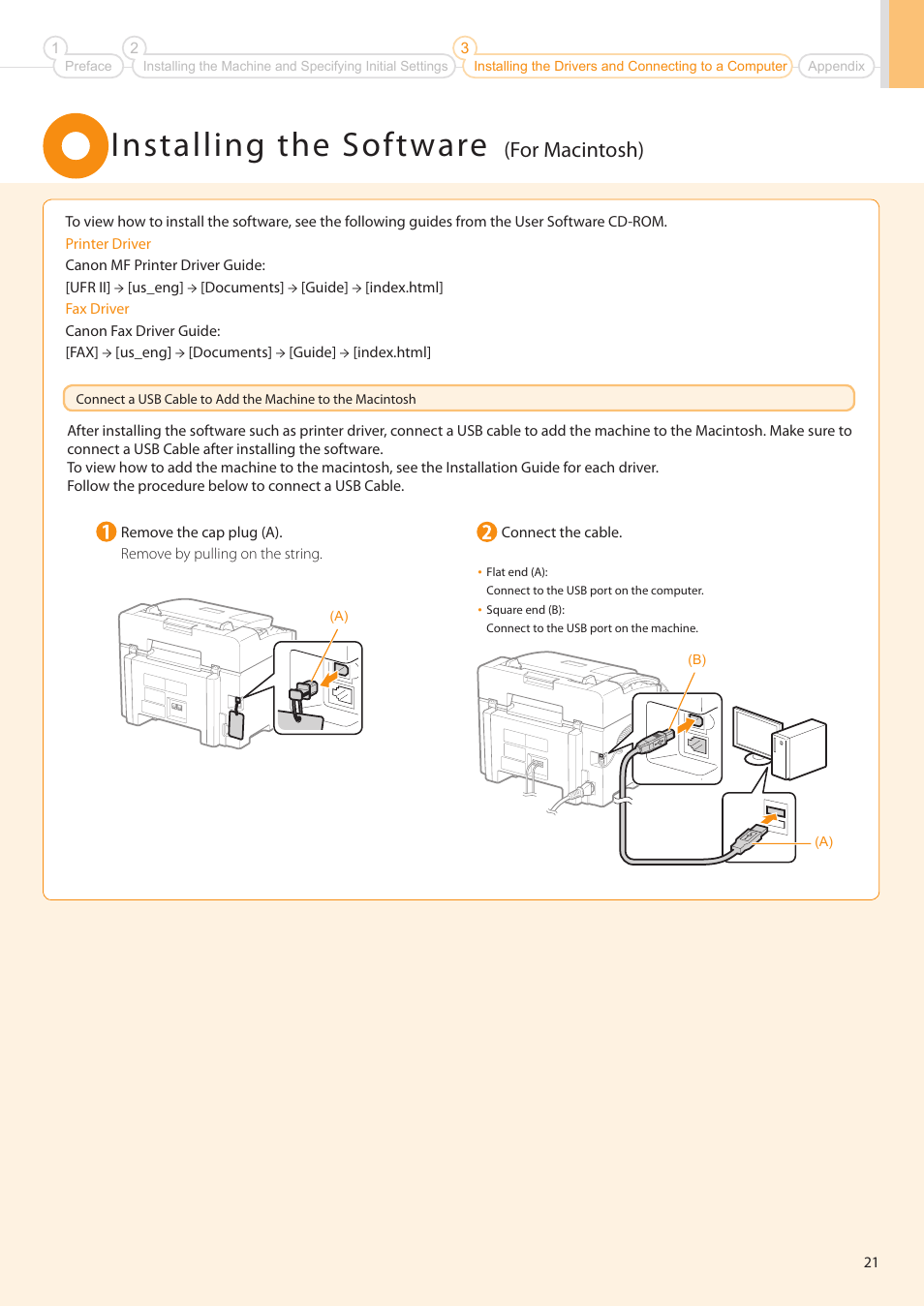 Installing the software, For macintosh) | Canon FAXPHONE L100 User Manual | Page 21 / 28