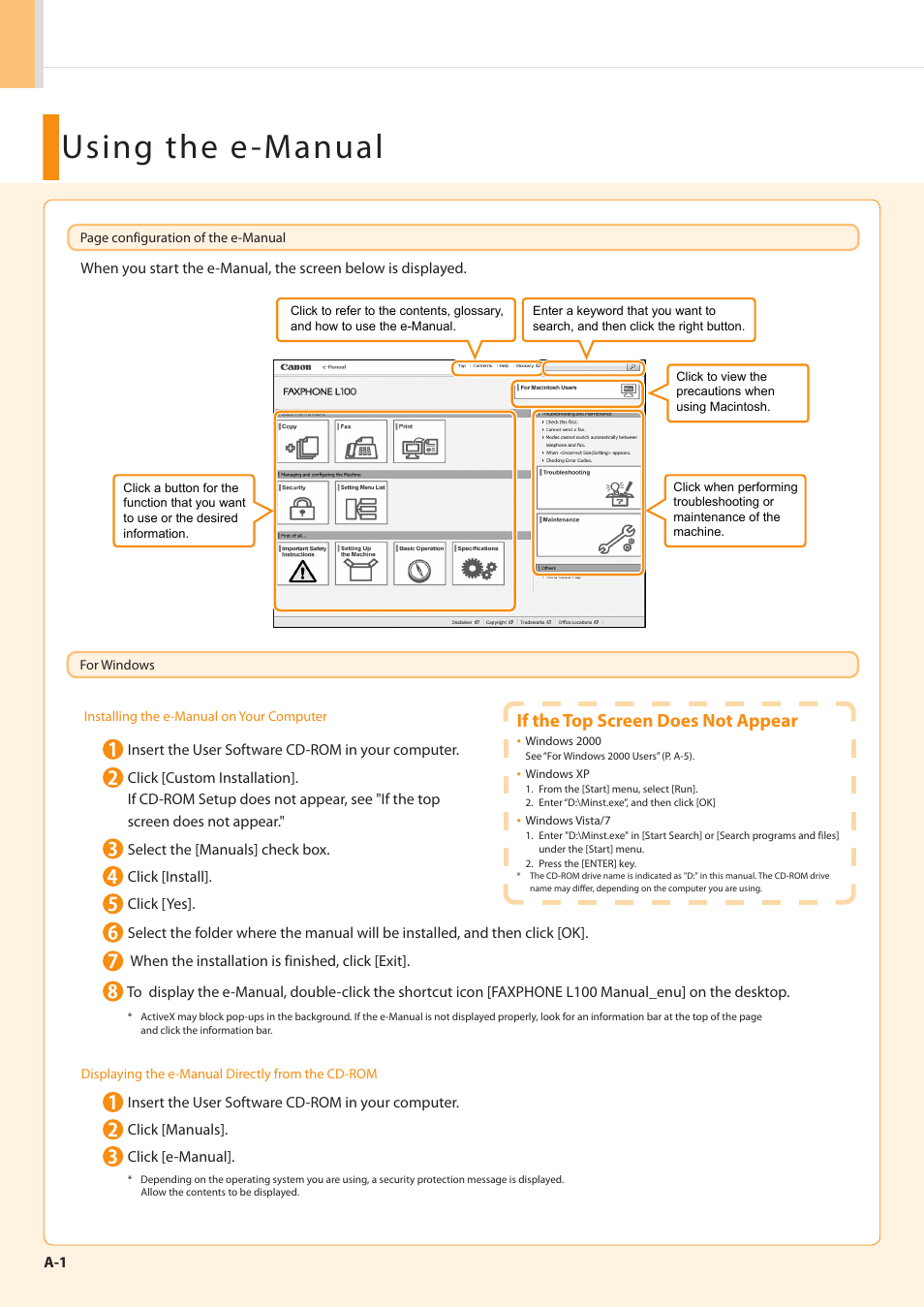 Using the e -manual, If the top screen does not appear | Canon FAXPHONE L100 User Manual | Page 22 / 28