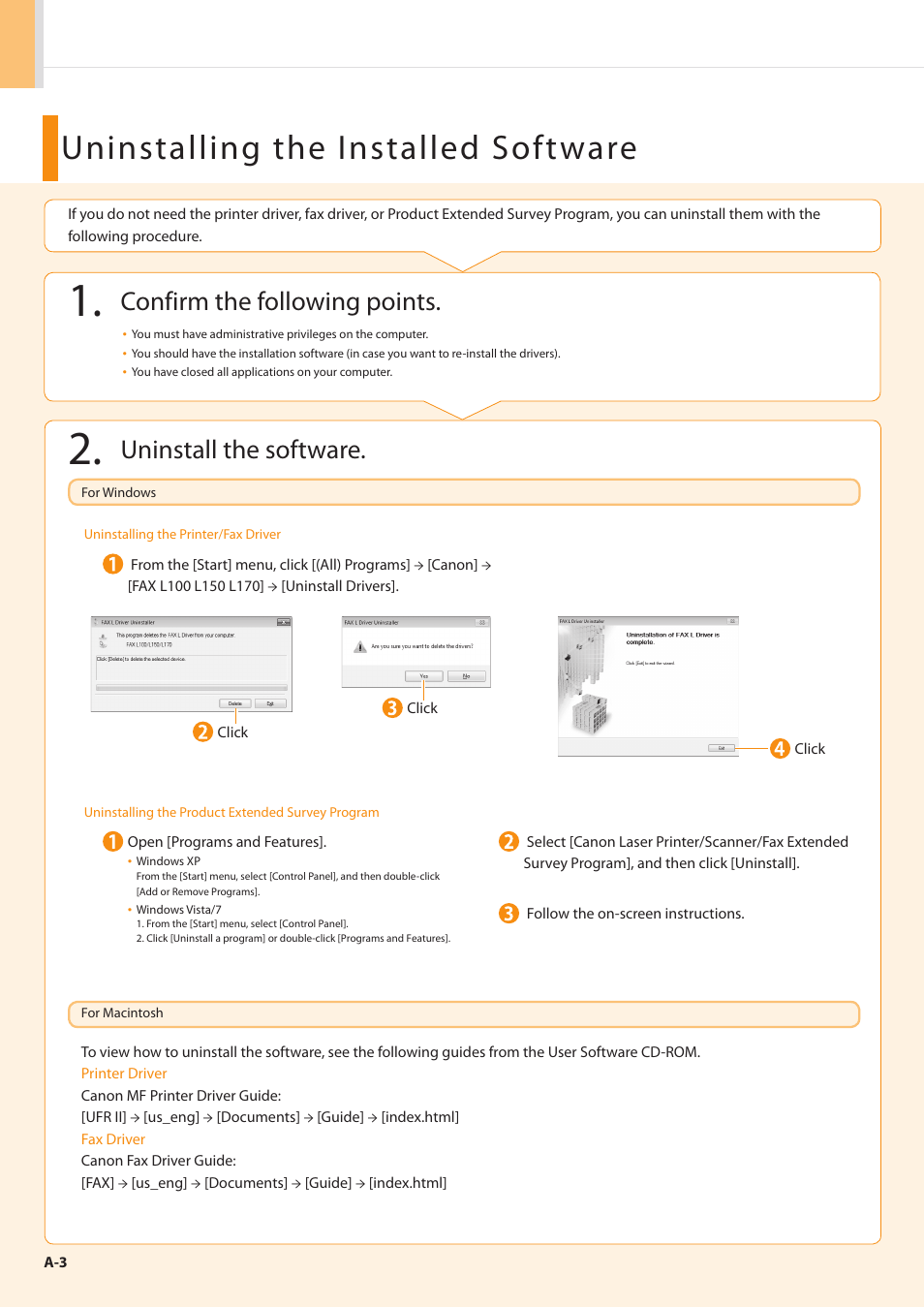 Uninstalling the installed software, Confirm the following points, Uninstall the software | Canon FAXPHONE L100 User Manual | Page 24 / 28