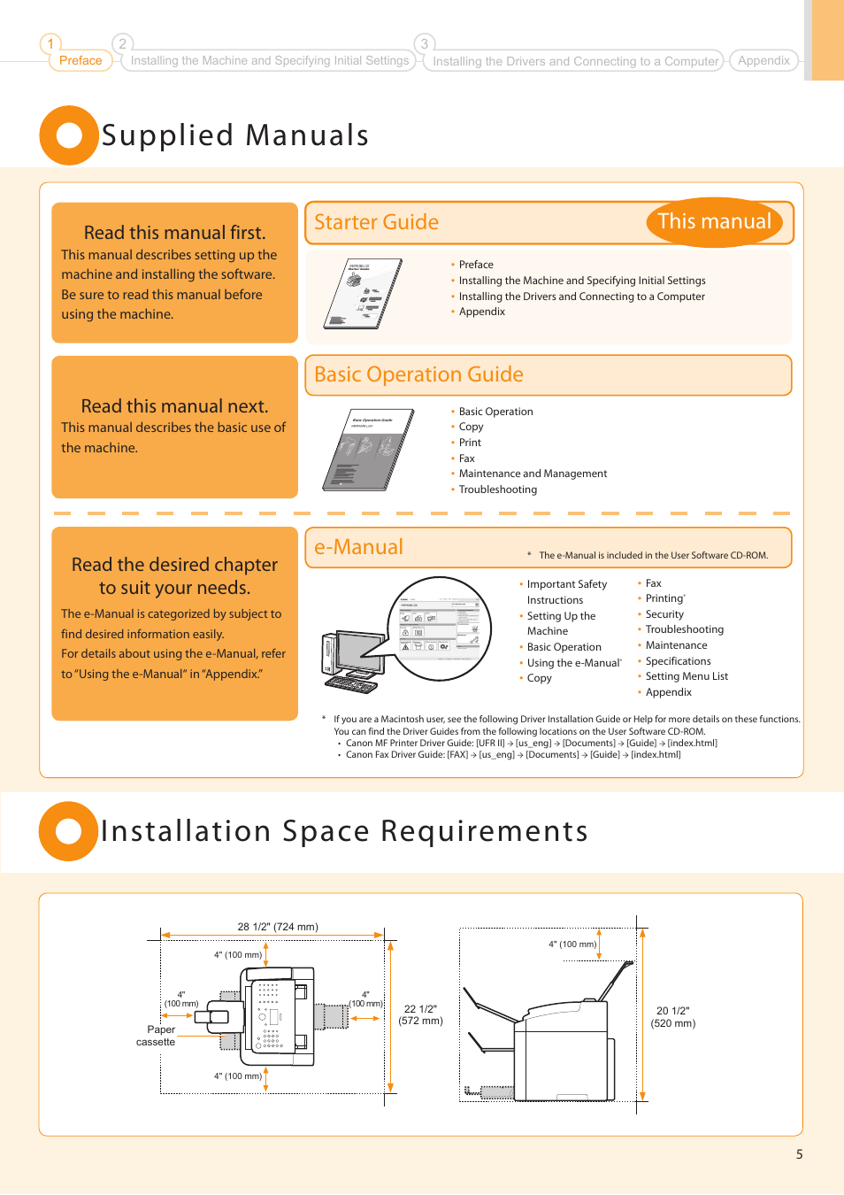 Supplied manuals, Installation space requirements, Starter guide basic operation guide e-manual | This manual, Read this manual first, Read this manual next, Read the desired chapter to suit your needs | Canon FAXPHONE L100 User Manual | Page 5 / 28