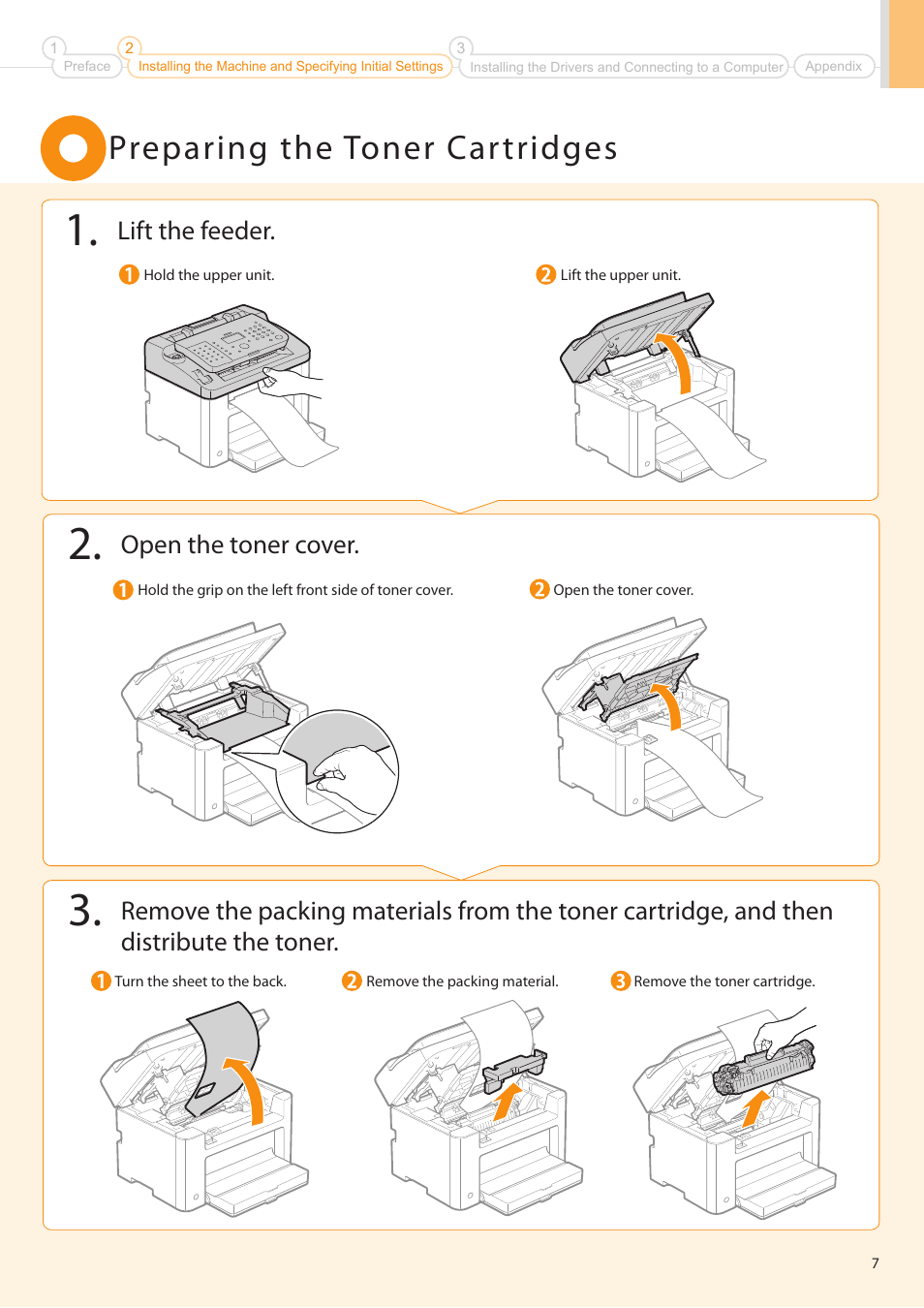 Preparing the toner car tridges, Lift the feeder, Open the toner cover | Canon FAXPHONE L100 User Manual | Page 7 / 28